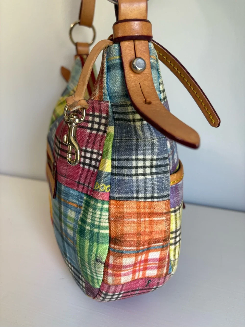 RARE Vtg Dooney & Bourke Picnic with Ants Madras Plaid Hobo Bag | Y2K Boho Chic - Picture 11 of 14